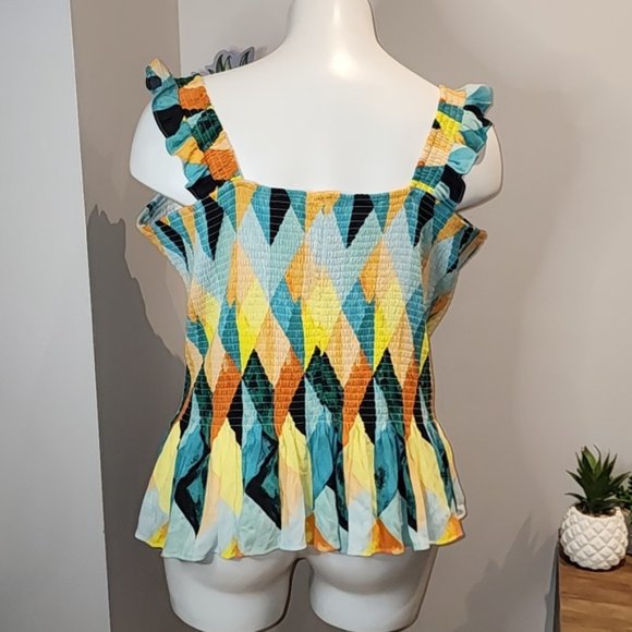 Torrid - Peplum Washable Crinkle Gauze Smocked Tank Top in Geo-Multi - Picture 5 of 13